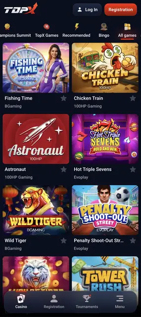 Web móvil de TopX, vista de todos los juegos del casino